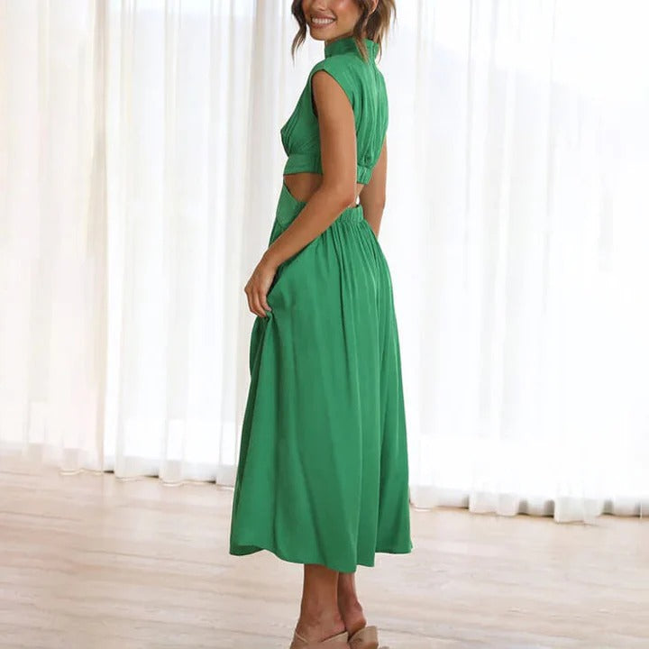 Women’s Elegant Cut-Out Maxi Dress – High Neck Pleated Green Dress