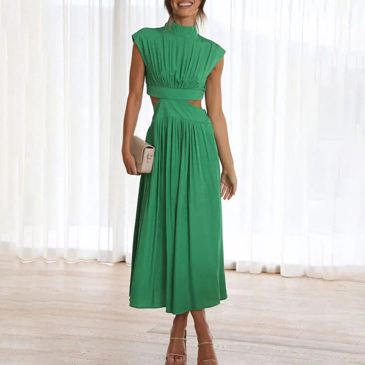 Women’s Elegant Cut-Out Maxi Dress – High Neck Pleated Green Dress