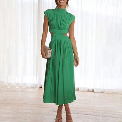 Women’s Elegant Cut-Out Maxi Dress – High Neck Pleated Green Dress