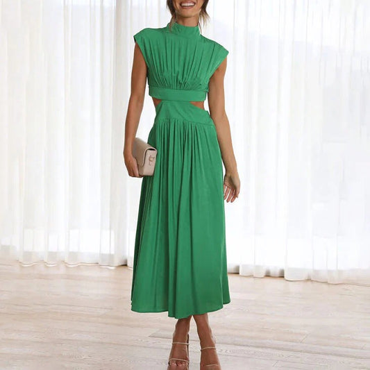 Women’s Elegant Cut-Out Maxi Dress – High Neck Pleated Green Dress