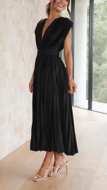 Women’s Elegant Pleated Midi Dress – V-Neck Flowy Black Dress