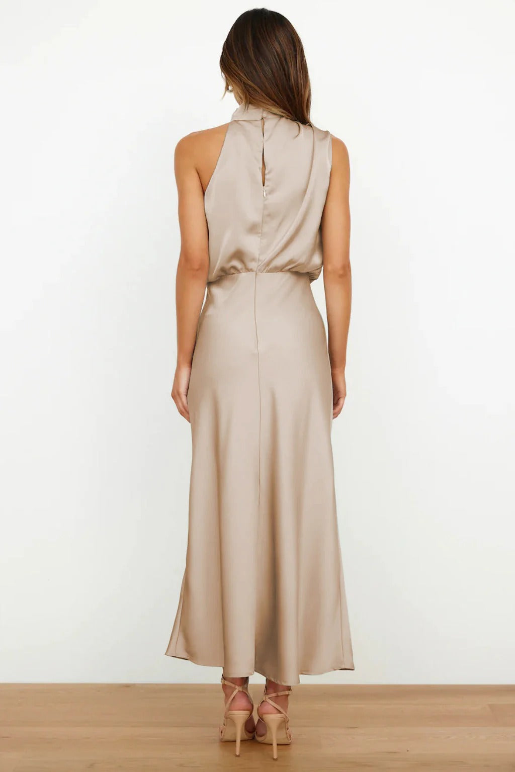Women’s Elegant Satin Maxi Dress – Sleeveless High Neck Evening Dress