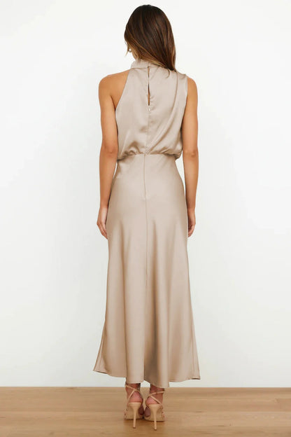 Women’s Elegant Satin Maxi Dress – Sleeveless High Neck Evening Dress