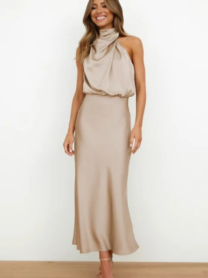 Women’s Elegant Satin Maxi Dress – Sleeveless High Neck Evening Dress
