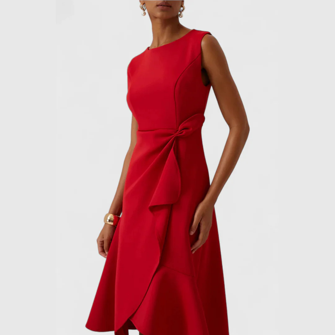 Women’s Elegant Sleeveless Midi Dress – Waist Tie Red Flare Dress