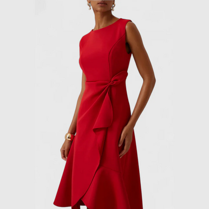 Women’s Elegant Sleeveless Midi Dress – Waist Tie Red Flare Dress